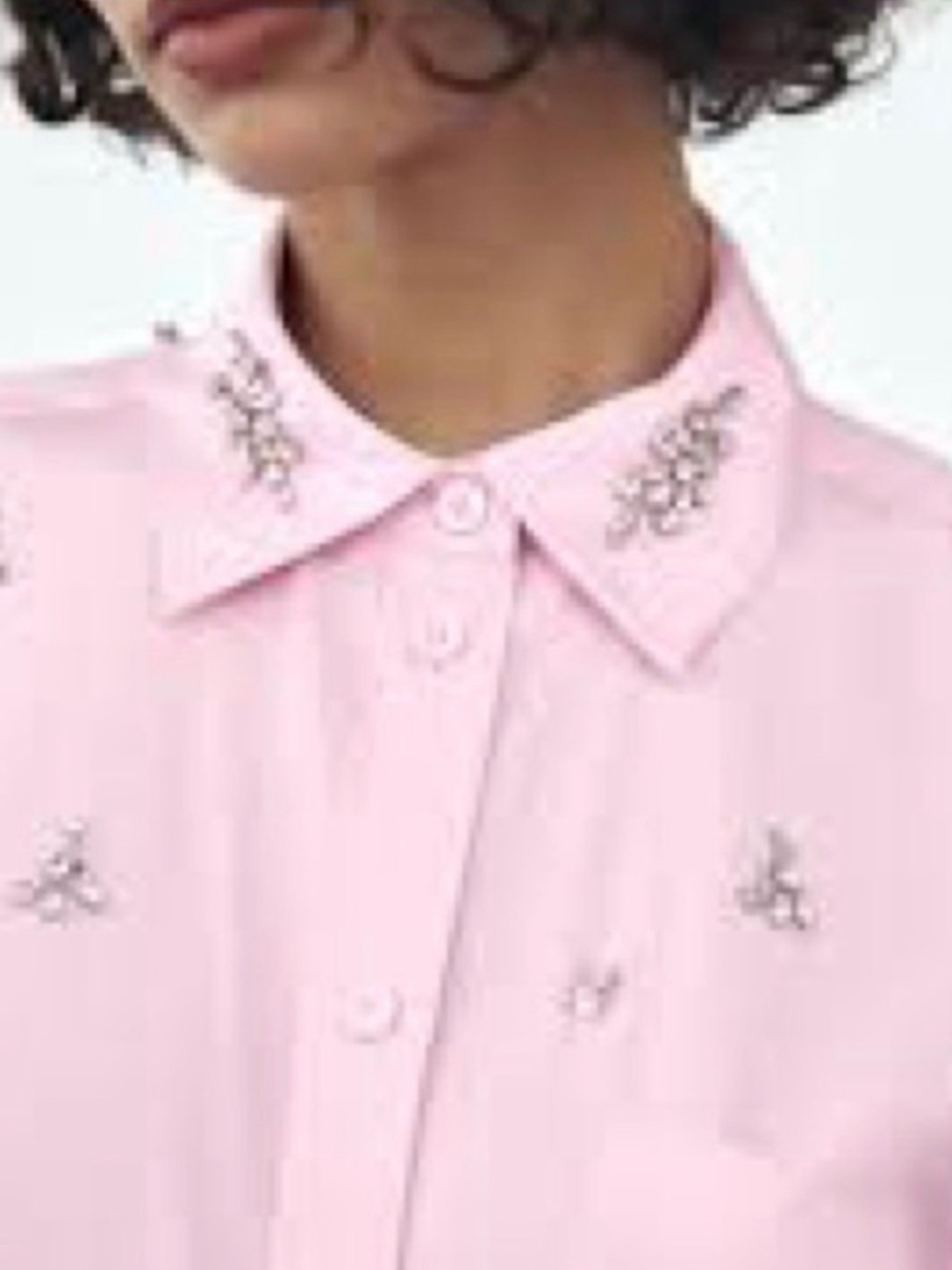 Zara Pink Cotton Button-Up Blouse | Rhinestones | 3/4 Sleeves | S | NWT - Picture 4 of 13